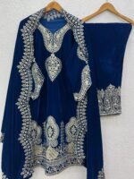 Viscos Seuqence Embroidery Work Designer Velvet Kurti Pant Dupatta Set (Ready to Wear) - Image 2