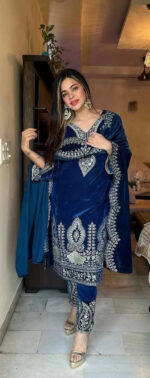 Viscos Seuqence Embroidery Work Designer Velvet Kurti Pant Dupatta Set (Ready to Wear) - Image 3