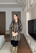 Black Zari-Stripe Organza Velvet Suit Set - Image 2