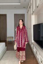 Maroon Zari-Stripe Organza Velvet Suit Set - Image 3
