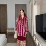 Maroon Zari-Stripe Organza Velvet Suit Set