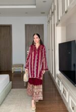Maroon Zari-Stripe Organza Velvet Suit Set