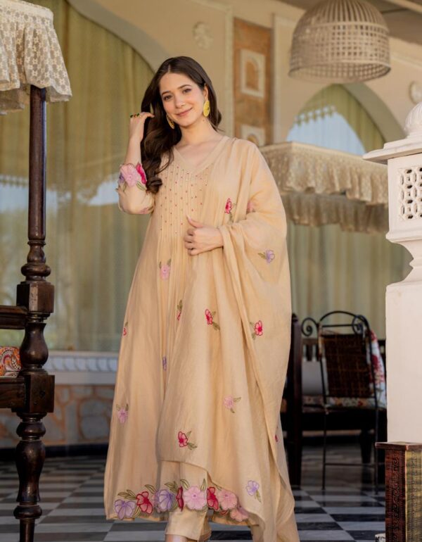 Peach Blossom Embroidered Kurti Set