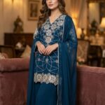 Women's Teal Blue Geometric Embroidered Georgette Kurta Set with Palazzo & Dupatta – Heavy Thread Work Festive Party Wear