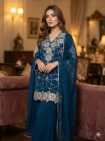 Women's Teal Blue Geometric Embroidered Georgette Kurta Set with Palazzo & Dupatta – Heavy Thread Work Festive Party Wear