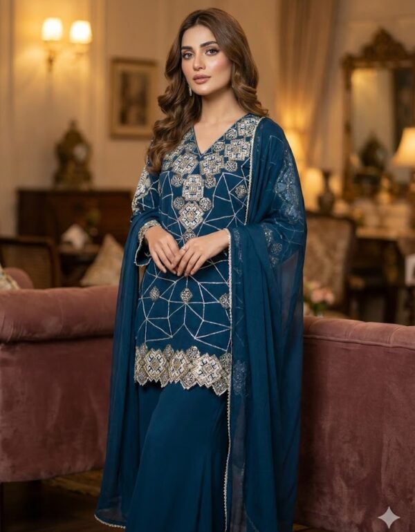 Women's Teal Blue Geometric Embroidered Georgette Kurta Set with Palazzo & Dupatta – Heavy Thread Work Festive Party Wear