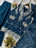 Women's Teal Blue Geometric Embroidered Georgette Kurta Set with Palazzo & Dupatta – Heavy Thread Work Festive Party Wear - Image 6