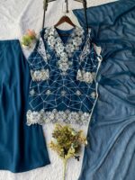 Women's Teal Blue Geometric Embroidered Georgette Kurta Set with Palazzo & Dupatta – Heavy Thread Work Festive Party Wear - Image 4