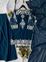 Women's Teal Blue Geometric Embroidered Georgette Kurta Set with Palazzo & Dupatta – Heavy Thread Work Festive Party Wear - Image 5