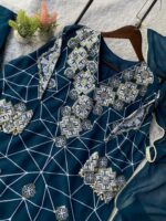 Women's Teal Blue Geometric Embroidered Georgette Kurta Set with Palazzo & Dupatta – Heavy Thread Work Festive Party Wear - Image 3